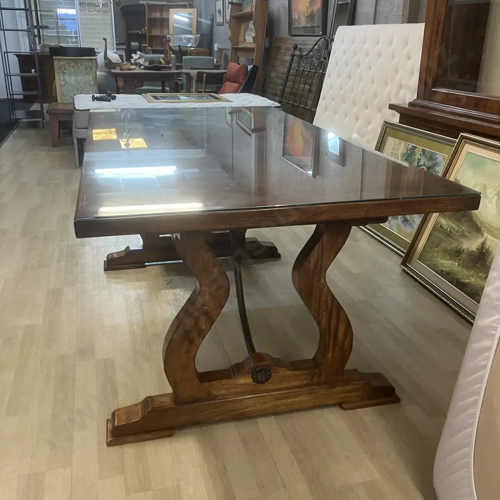 Indonesian Teak Dining Table (191x100.5cm) With 6 Crossback Wooden Chairs, Oatmeal Colour Fabric Seats Image 1++