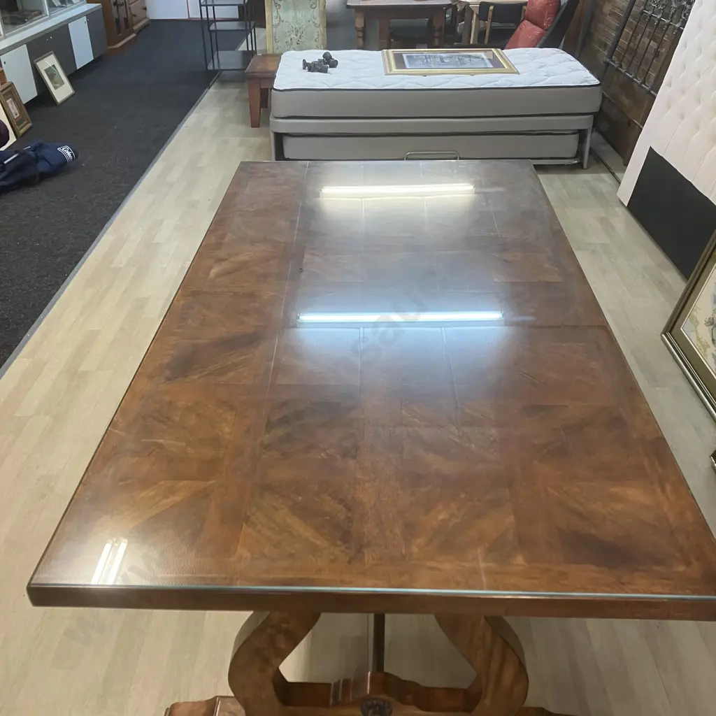 Indonesian Teak Dining Table (191x100.5cm) With 6 Crossback Wooden Chairs, Oatmeal Colour Fabric Seats Image 1++
