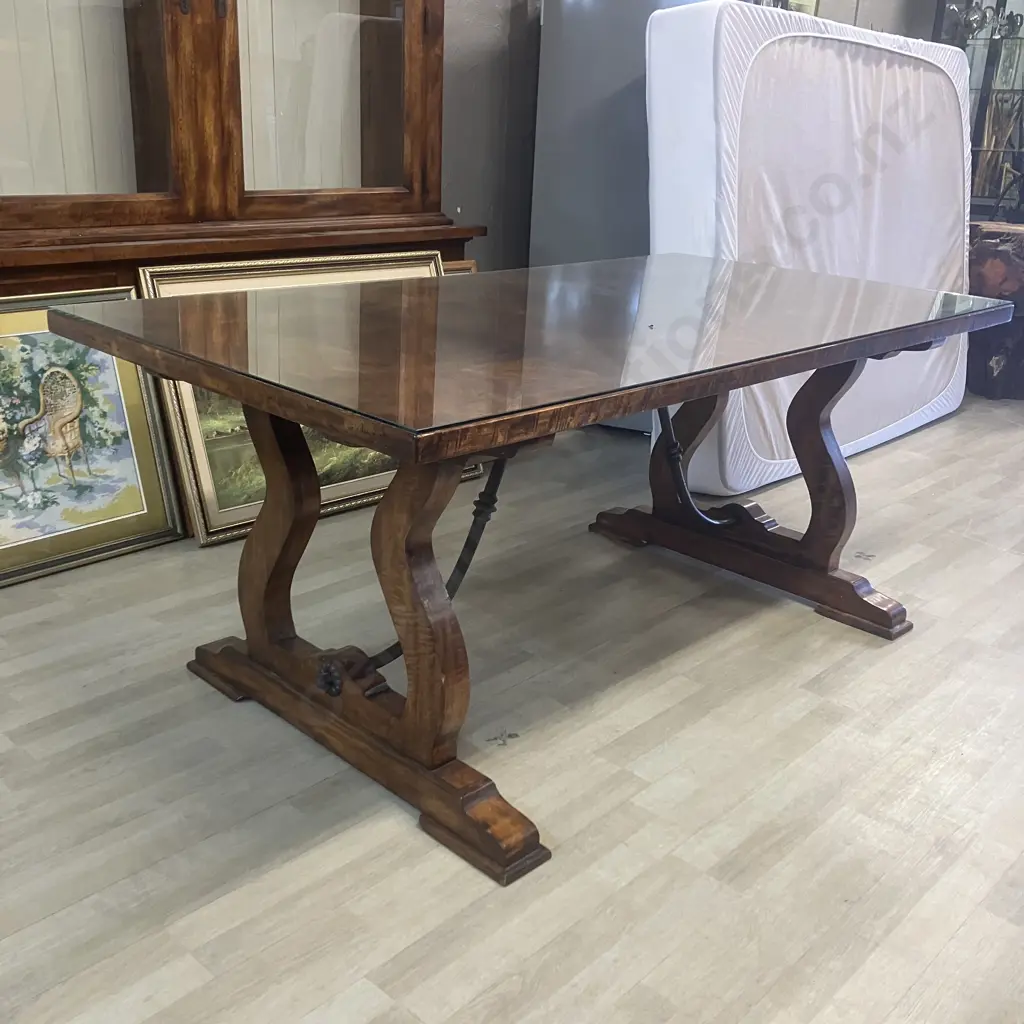 Indonesian Teak Dining Table (191x100.5cm) With 6 Crossback Wooden Chairs, Oatmeal Colour Fabric Seats Image 1++