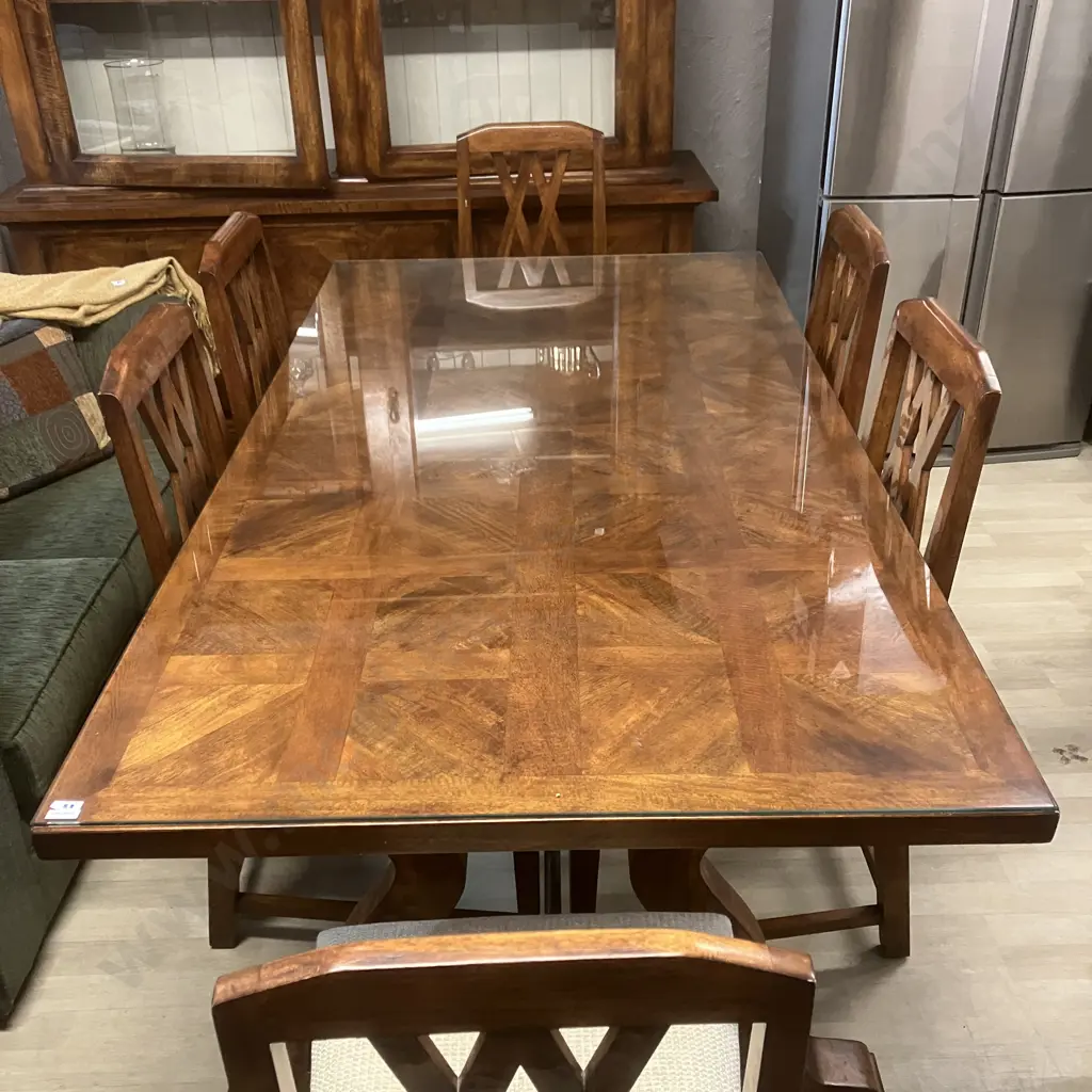 Indonesian Teak Dining Table (191x100.5cm) With 6 Crossback Wooden Chairs, Oatmeal Colour Fabric Seats Image 1++