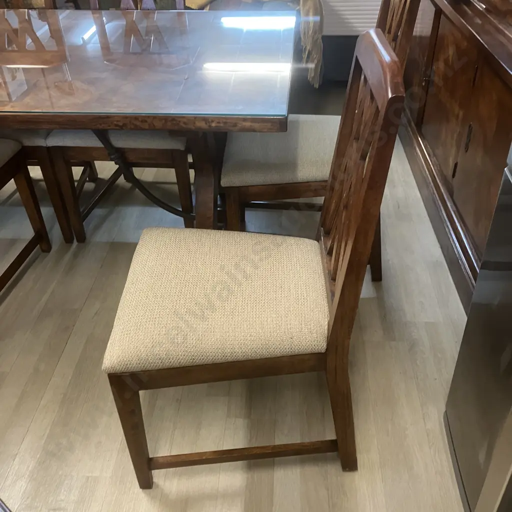 Indonesian Teak Dining Table (191x100.5cm) With 6 Crossback Wooden Chairs, Oatmeal Colour Fabric Seats Image 1++