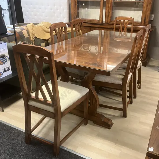 Indonesian Teak Dining Table (191x100.5cm) With 6 Crossback Wooden Chairs, Oatmeal Colour Fabric Seats