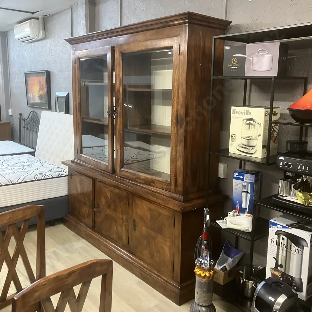 French Style Indonesian Teak Wall Unit, 2 Glass Doors, Adjustable Shelves, 2 Piece, With Key. H219 W207 D54cm Image 1++