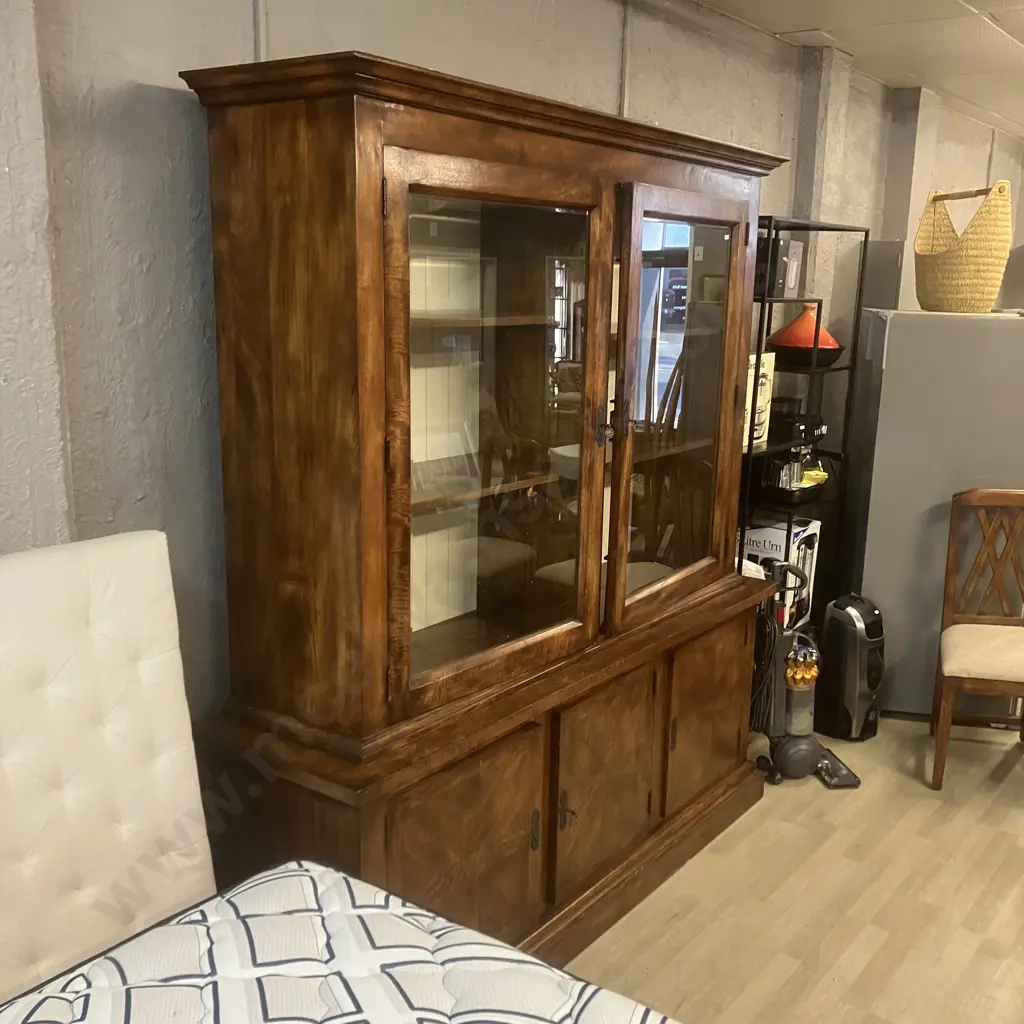 French Style Indonesian Teak Wall Unit, 2 Glass Doors, Adjustable Shelves, 2 Piece, With Key. H219 W207 D54cm Image 1++