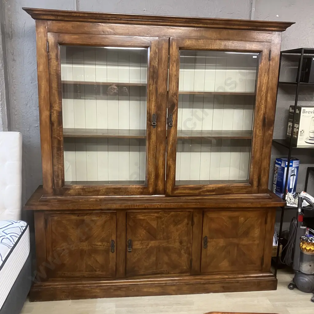 French Style Indonesian Teak Wall Unit, 2 Glass Doors, Adjustable Shelves, 2 Piece, With Key. H219 W207 D54cm Image 1++