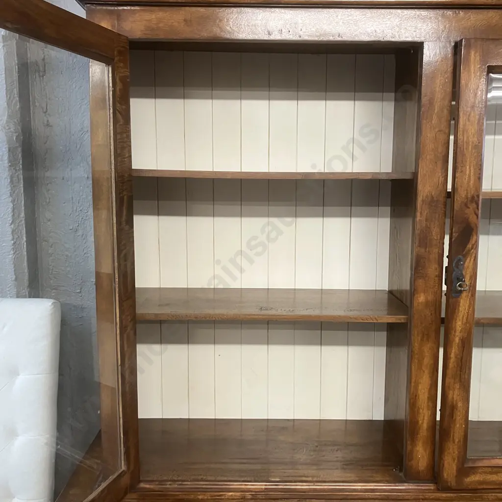 French Style Indonesian Teak Wall Unit, 2 Glass Doors, Adjustable Shelves, 2 Piece, With Key. H219 W207 D54cm Image 1++
