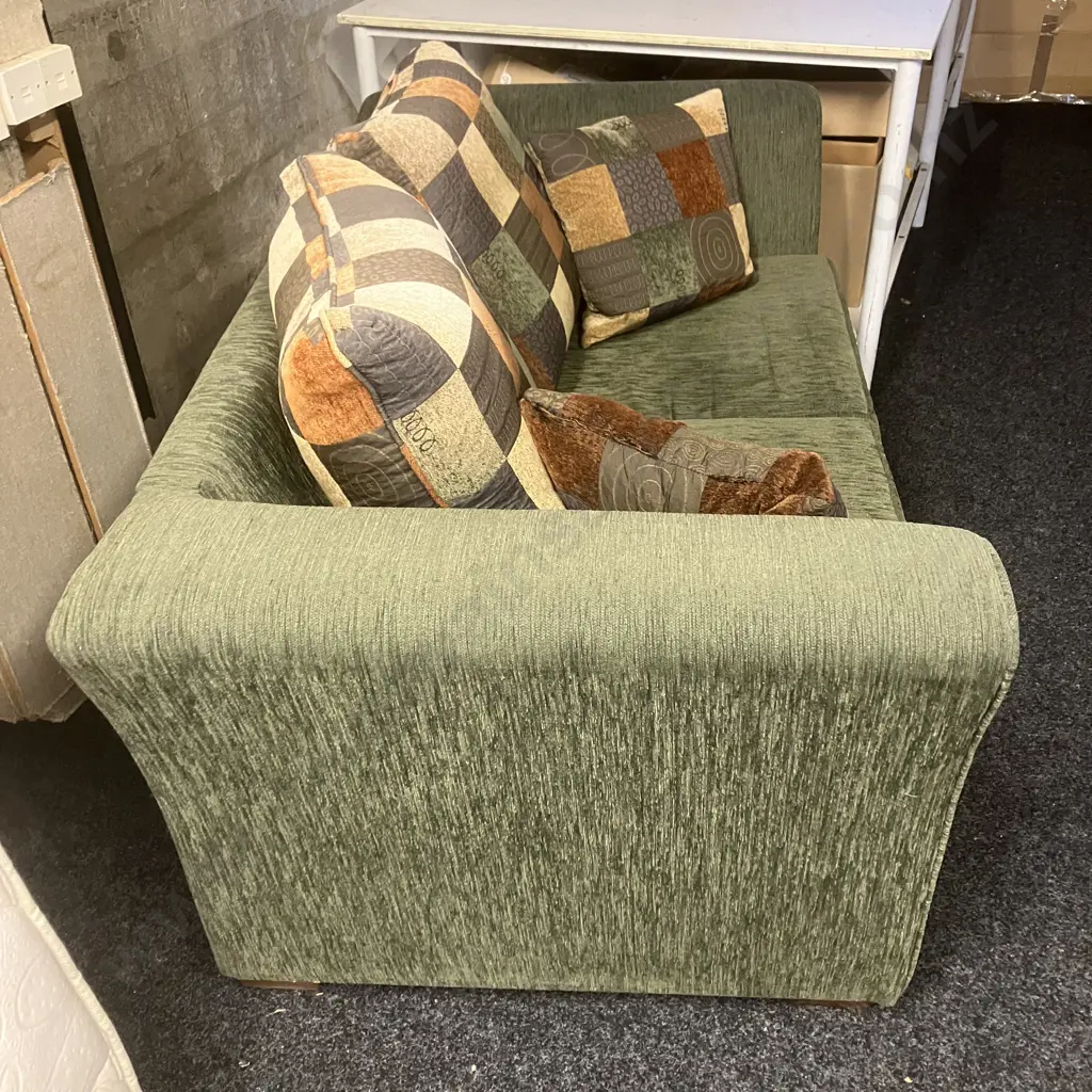 Mobilier Furniture Sage Green Fabric Sofa With Brown & Green Coloured Cushions. L163cm Image 1++