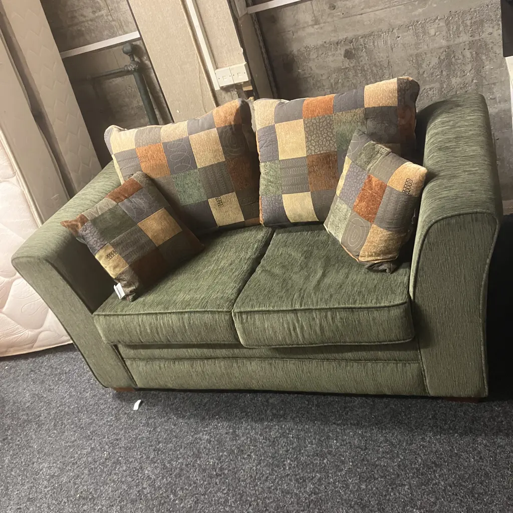 Mobilier Furniture Sage Green Fabric Sofa With Brown & Green Coloured Cushions. L163cm Image 1++