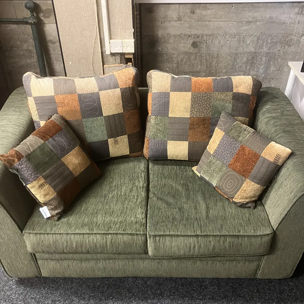 Mobilier Furniture Sage Green Fabric Sofa With Brown & Green Coloured Cushions. L163cm Image 1++