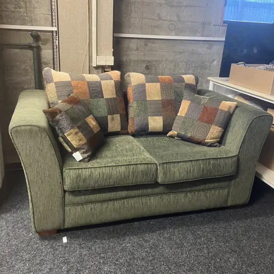 Mobilier Furniture Sage Green Fabric Sofa With Brown & Green Coloured Cushions. L163cm