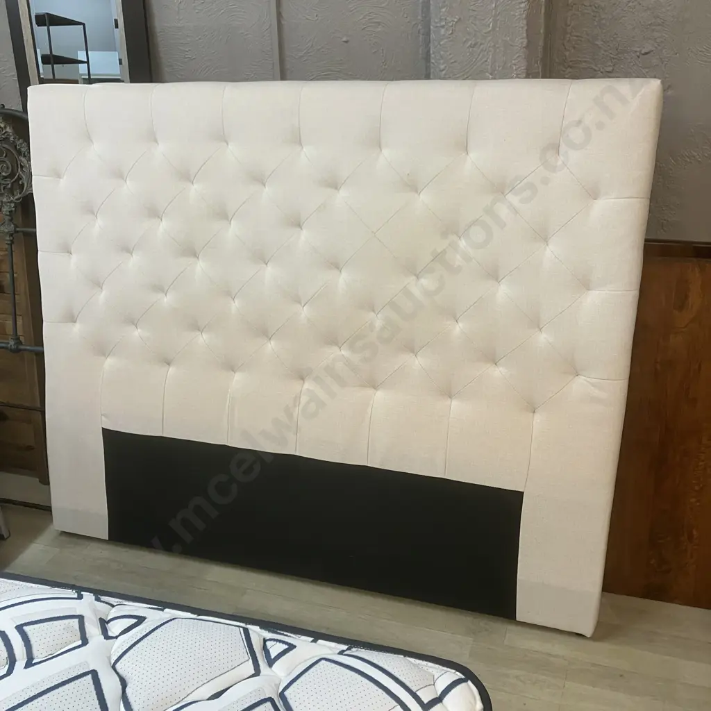 White Fabric Button Backed Queen Size Headboard. 132 x 160cm Image 1++