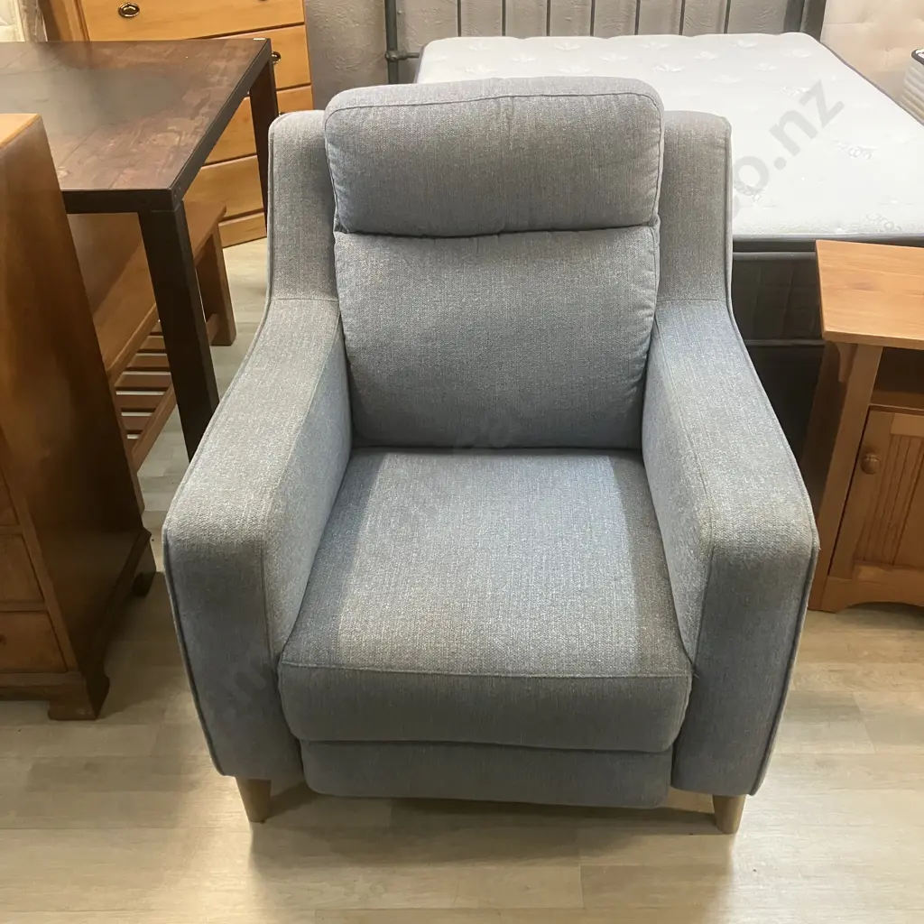 Light Grey Fabric Electric Recliner Chair With USB Charging. White Wash Timber Feet Image 1++