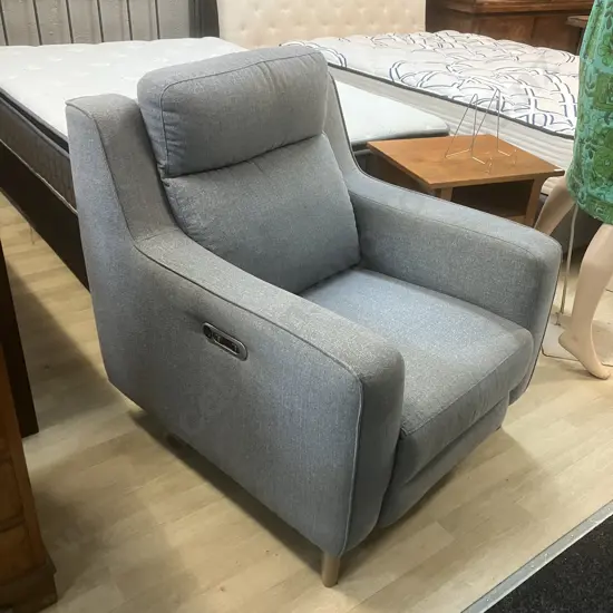Light Grey Fabric Electric Recliner Chair With USB Charging. White Wash Timber Feet