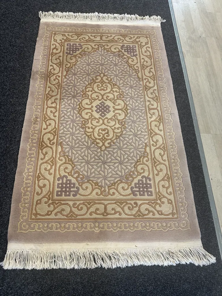 Woollen Floor Rug Camel, Tan, Purple Tones Cream Fringing L162,W92cm. Image 1++