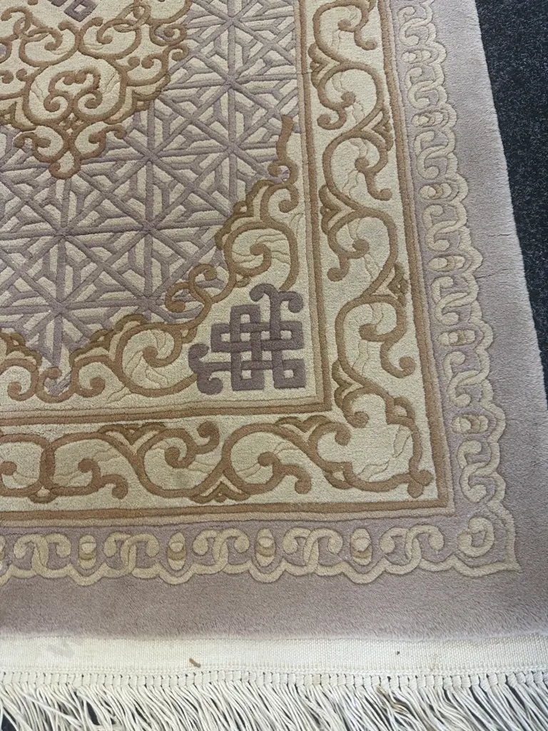 Woollen Floor Rug Camel, Tan, Purple Tones Cream Fringing L162,W92cm. Image 1++