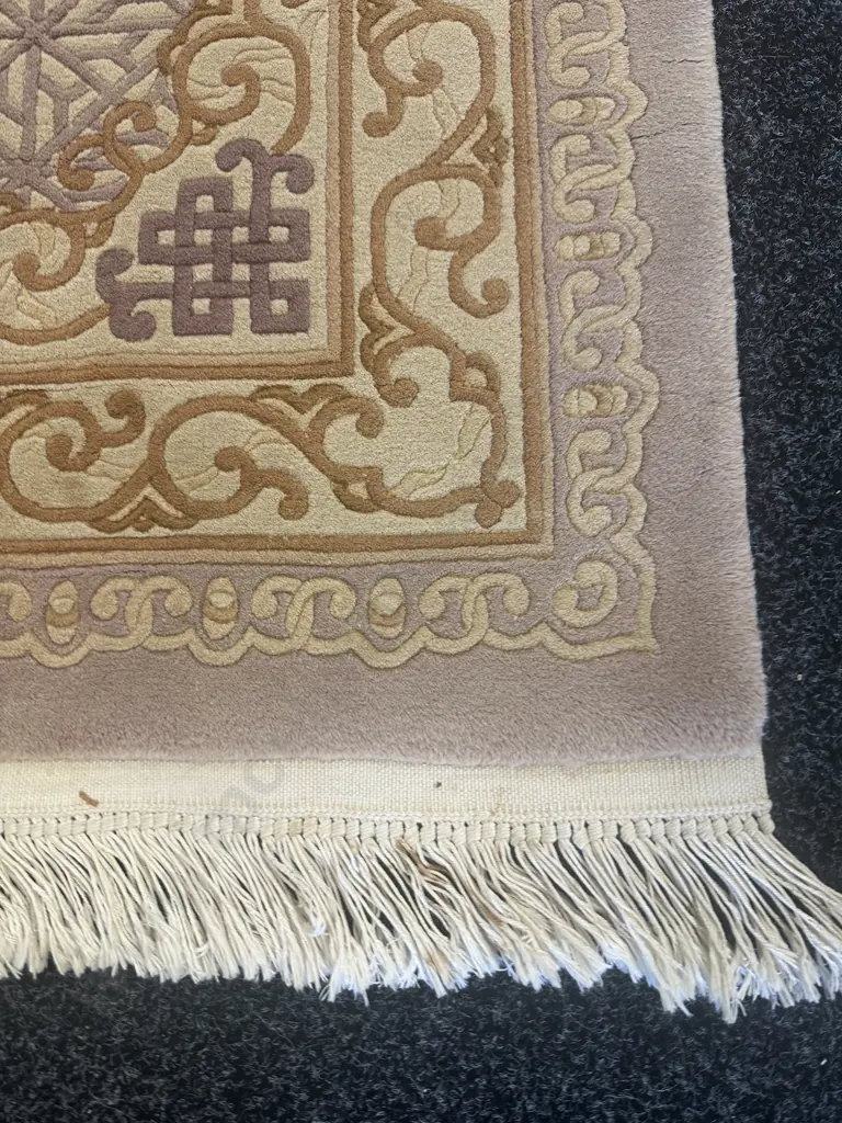 Woollen Floor Rug Camel, Tan, Purple Tones Cream Fringing L162,W92cm. Image 1++