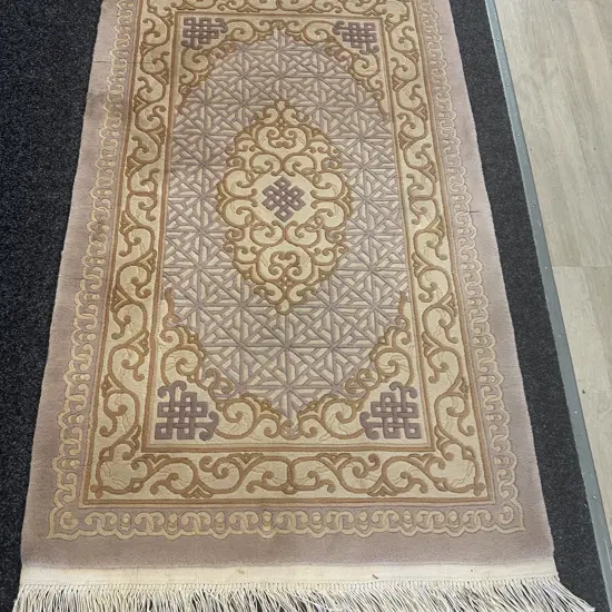Woollen Floor Rug Camel, Tan, Purple Tones Cream Fringing L162,W92cm.