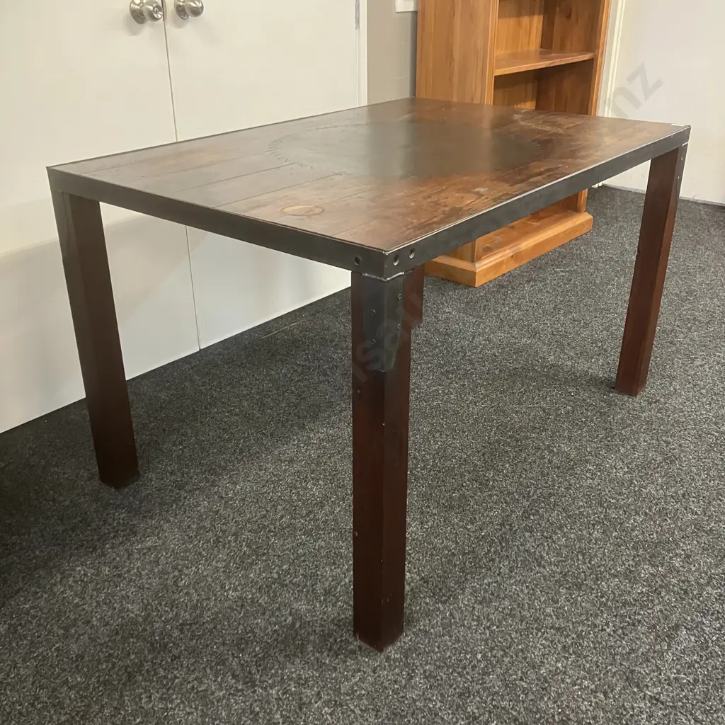Vintage Wooden Dining Table, Floor Boards With Large Saw Blade Inset In Top, Steel Edge & Corners. H79 W130.5 D89cm Image 1++