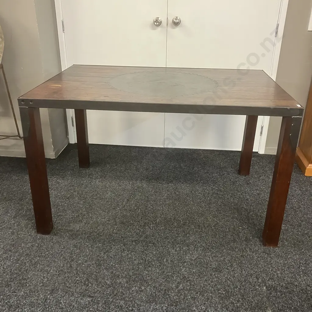Vintage Wooden Dining Table, Floor Boards With Large Saw Blade Inset In Top, Steel Edge & Corners. H79 W130.5 D89cm Image 1++