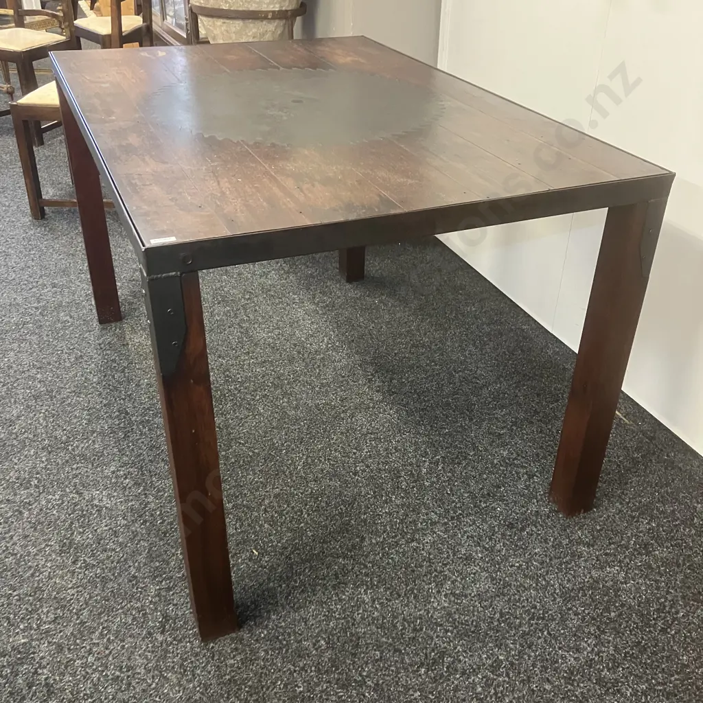 Vintage Wooden Dining Table, Floor Boards With Large Saw Blade Inset In Top, Steel Edge & Corners. H79 W130.5 D89cm Image 1++