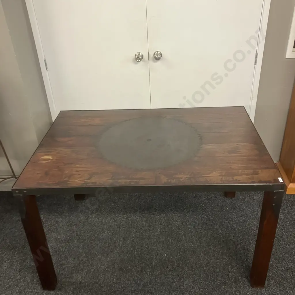 Vintage Wooden Dining Table, Floor Boards With Large Saw Blade Inset In Top, Steel Edge & Corners. H79 W130.5 D89cm Image 1++