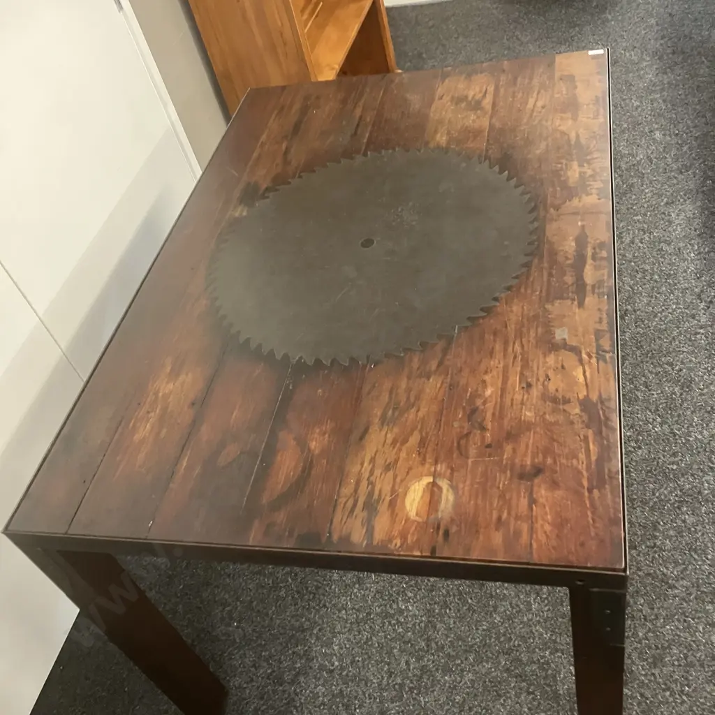 Vintage Wooden Dining Table, Floor Boards With Large Saw Blade Inset In Top, Steel Edge & Corners. H79 W130.5 D89cm Image 1++