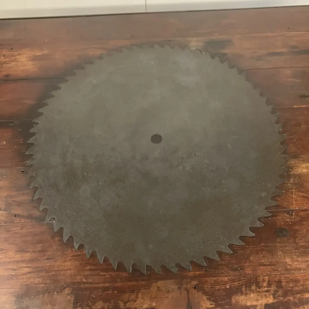 Vintage Wooden Dining Table, Floor Boards With Large Saw Blade Inset In Top, Steel Edge & Corners. H79 W130.5 D89cm Image 1++