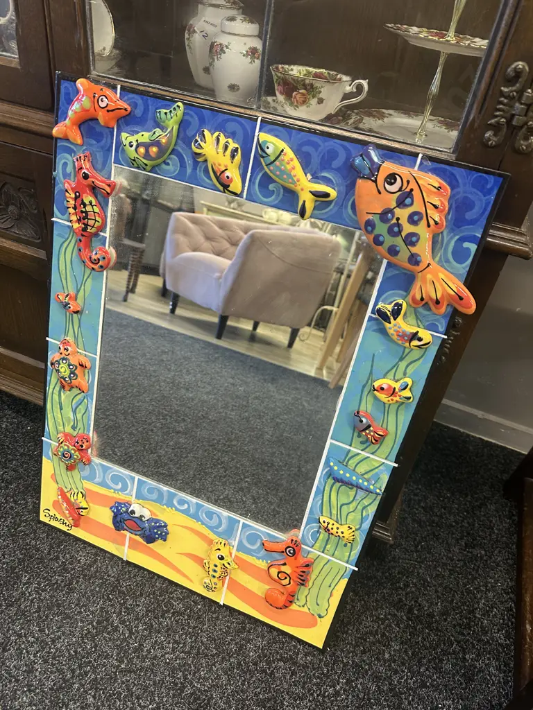 Splashy Pottery Ocean Themed Framed Mirror H63,W48cm. Image 1++