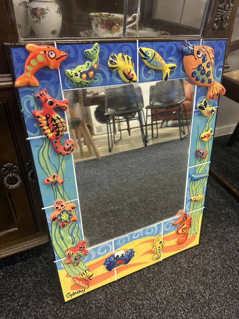 Splashy Pottery Ocean Themed Framed Mirror H63,W48cm. Image 1++