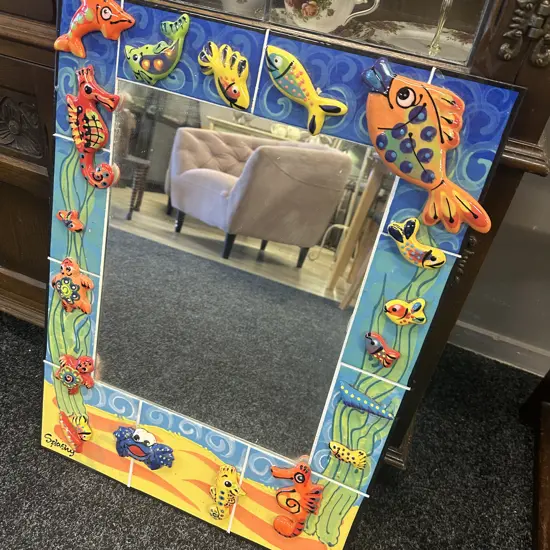 Splashy Pottery Ocean Themed Framed Mirror H63,W48cm.
