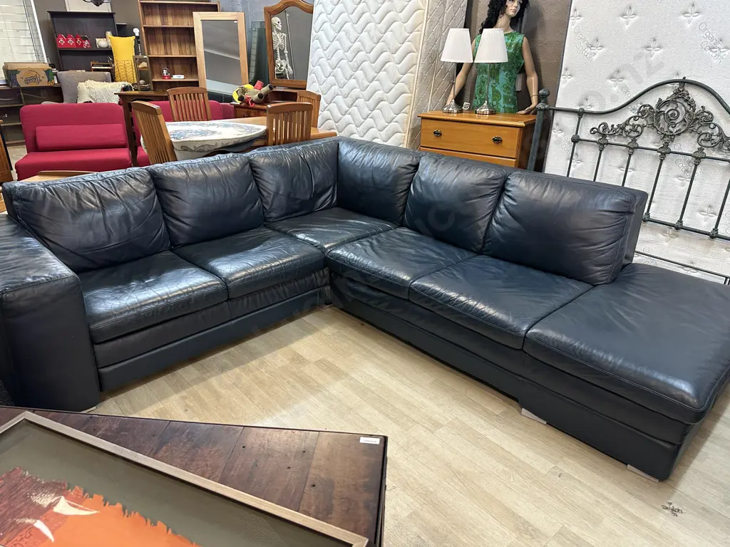 HTL Blue Leather Sectional Corner Sofa With RH Chaise - 2 Piece. 2.43 x 2.78cm Image 1++
