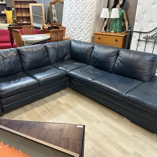 HTL Blue Leather Sectional Corner Sofa With RH Chaise - 2 Piece. 2.43 x 2.78cm