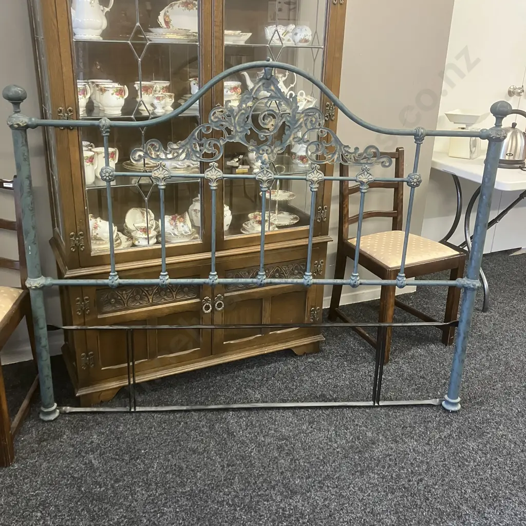 Antique Style Queen Size Metal Headboard, Blue / Black Colour With Ornate Gold Highlights. H126 W154 D7cm Image 1++