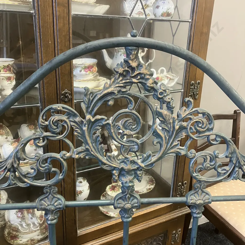 Antique Style Queen Size Metal Headboard, Blue / Black Colour With Ornate Gold Highlights. H126 W154 D7cm Image 1++