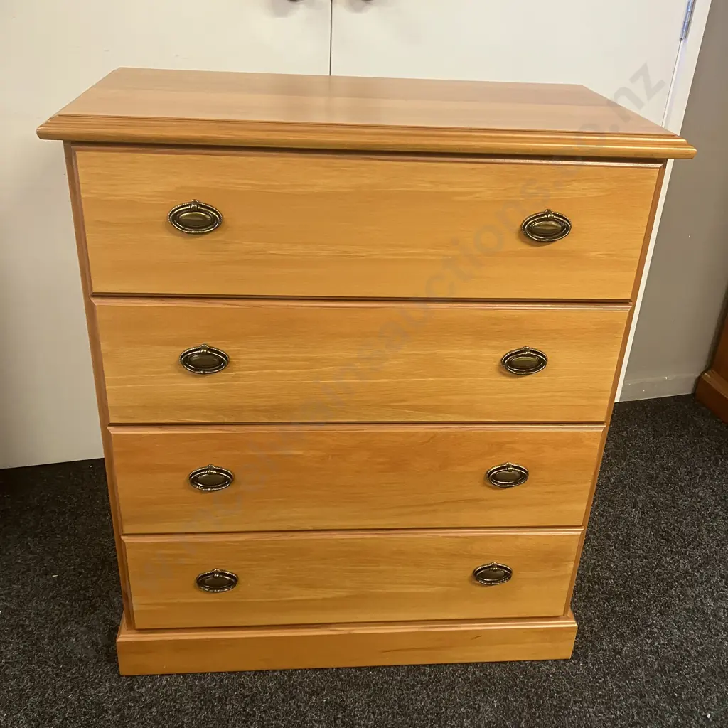 Rimu Chest Of Drawers, 4 Drawers, Brass Drawer Pulls. H94 W81 D41cm Image 1++