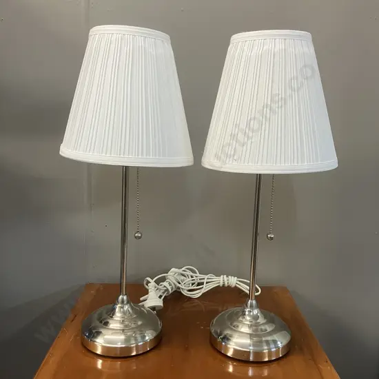 Pair of Ikea Table Lamps With Pull Switch, White Shades. H55cm