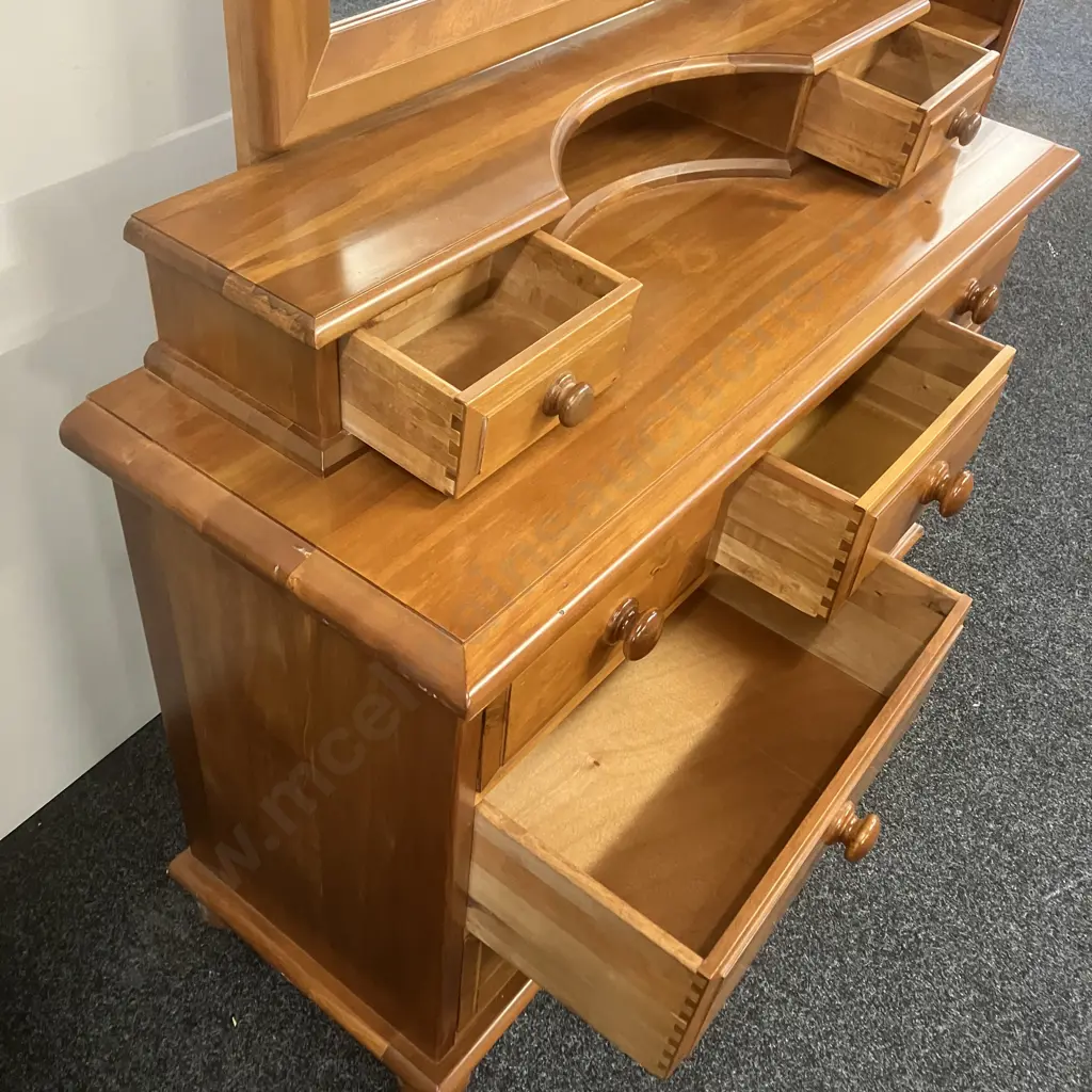 Woodpeckers Solid NZ Rimu 9 Drawer Dressing Table, Adjustable Mirror, Badged. H180 W125 D46cm Image 1++