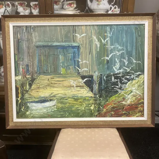 Framed Original Oil On Board - Seagulls, Boat And Jetty, Signed HILLS (Australian Artist) 65 x 87cm