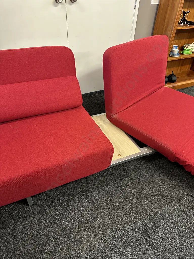 Modern Convertible 2 Seater Sofa Bed in Red Fabric. L185cm Image 1++