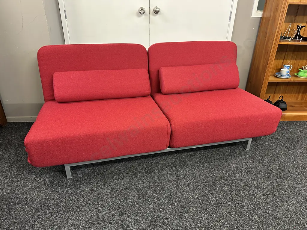 Modern Convertible 2 Seater Sofa Bed in Red Fabric. L185cm Image 1++