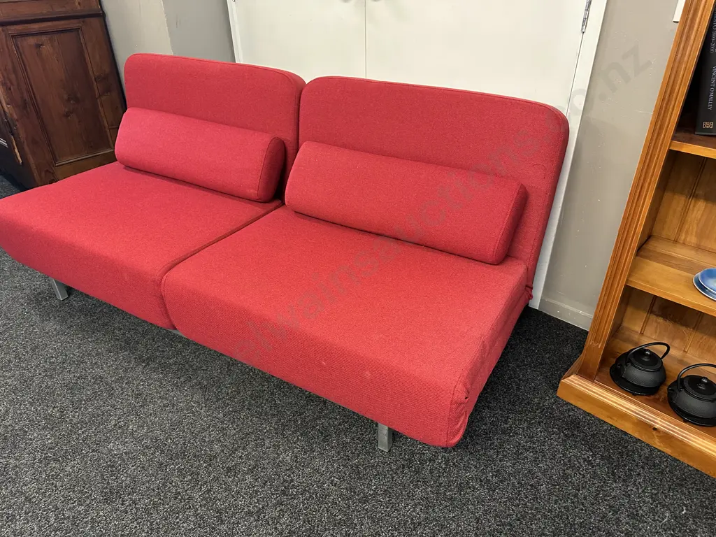 Modern Convertible 2 Seater Sofa Bed in Red Fabric. L185cm Image 1++