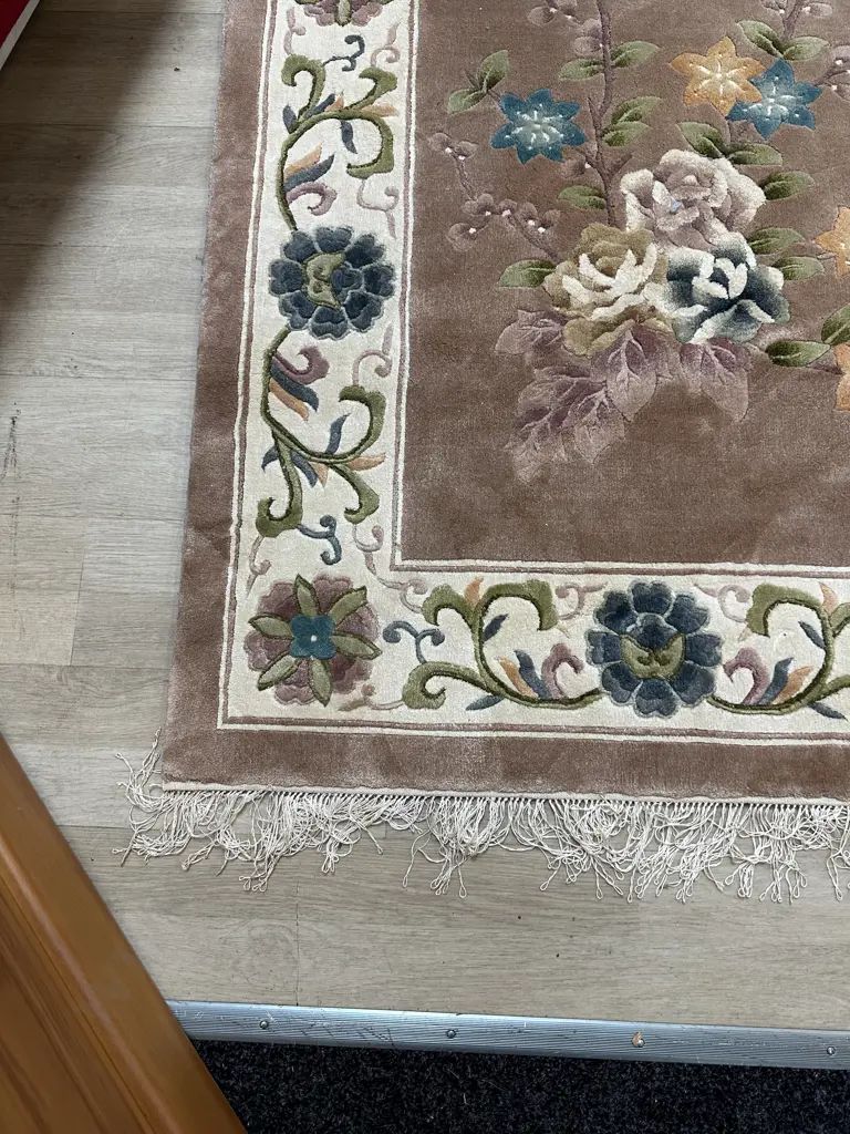 Woollen Floor Rug Camel, Cream & Green Tones L245,W152cm. Image 1++
