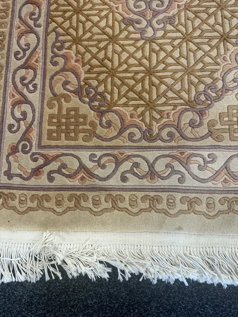 Woollen Floor Rug Camel, Tan, Purple Tones Cream Fringing L162,W92cm. Image 1++