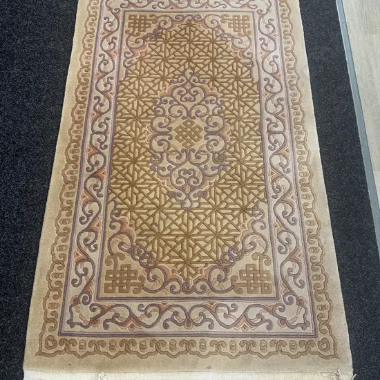 Woollen Floor Rug Camel, Tan, Purple Tones Cream Fringing L162,W92cm.