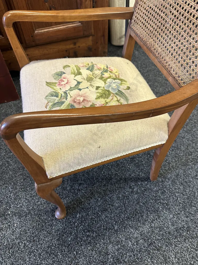 Mid Century Rattan Backed Cabriole Legged Armchair With Tapestry Seat Image 1++