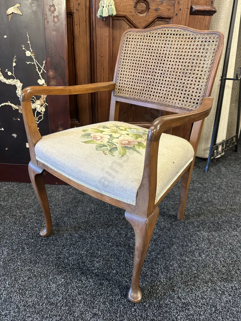 Mid Century Rattan Backed Cabriole Legged Armchair With Tapestry Seat Image 1++