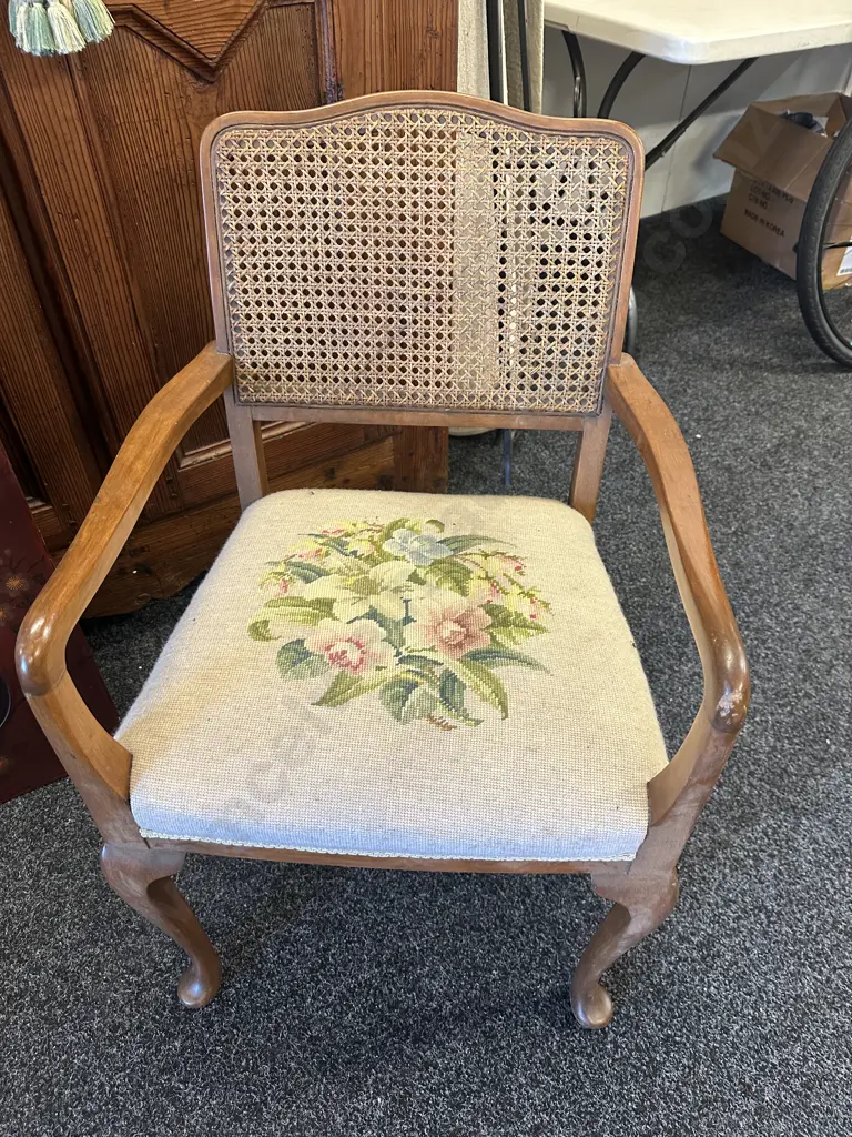 Mid Century Rattan Backed Cabriole Legged Armchair With Tapestry Seat Image 1++