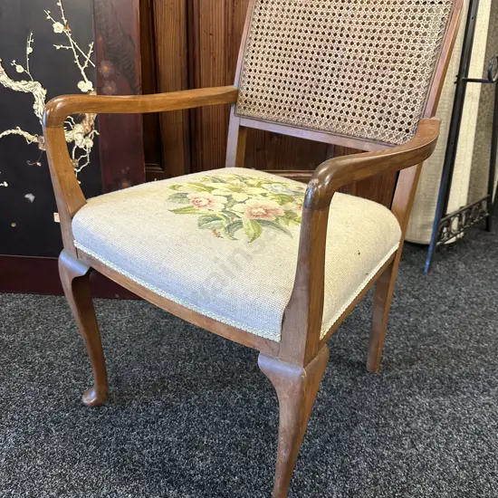 Mid Century Rattan Backed Cabriole Legged Armchair With Tapestry Seat