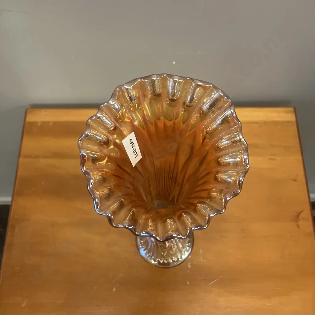 1920's Antique Fenton Marigold Carnival Swung Glass Vase, Ribbed with Ruffled Top, Iridescent. H38cm Image 1++