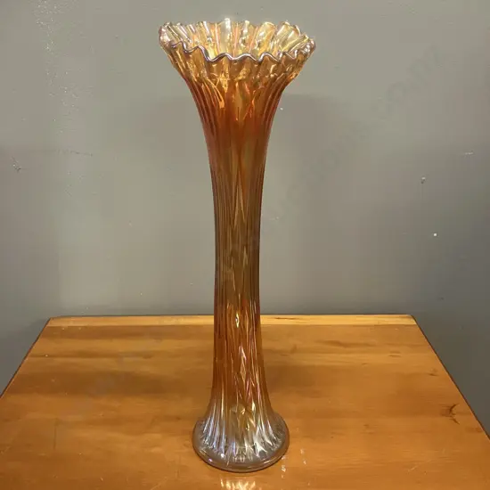 1920's Antique Fenton Marigold Carnival Swung Glass Vase, Ribbed with Ruffled Top, Iridescent. H38cm